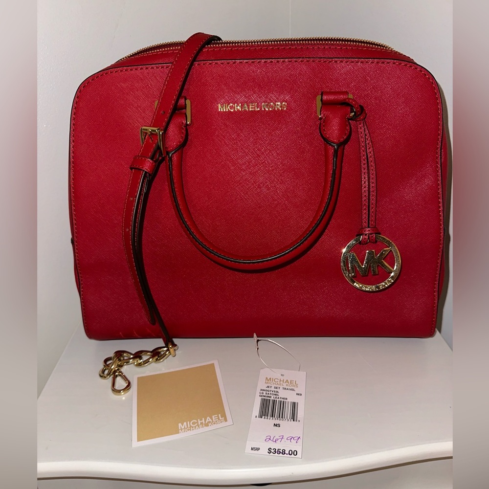 Red Michael Kors Dillon Satchel tote crossbody.